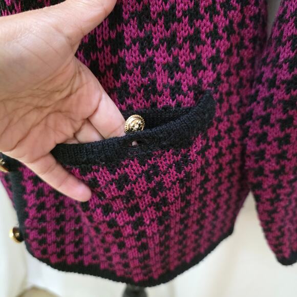 Vintage Mario Forte Fuchsia Black Houndstooth Button-down Cardigan Sweater, Med - Picture 5 of 9